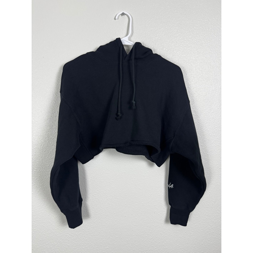 YoungLA Hoodie Womens Small Black Cropped Pullover YLAW1076 Raw Hem Embroidered